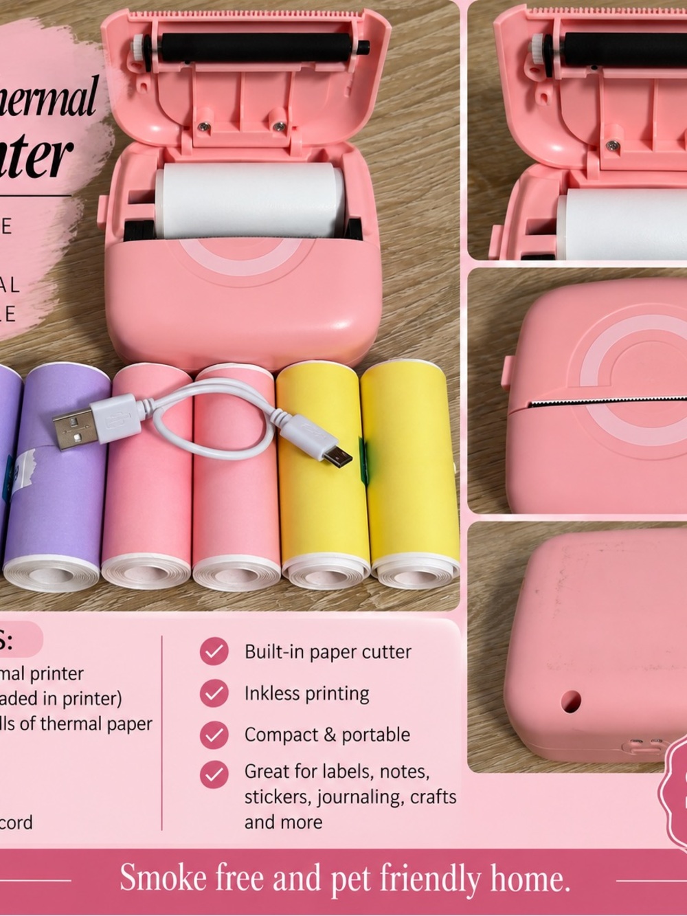 Pink Mini Thermal Printer with 7 Rolls of Thermal Paper